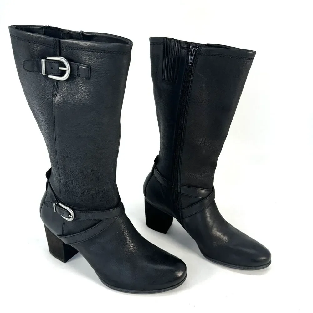 Josef Seibel Black Leather Tall Riding Boots Buckles Sz. 40 EU 9-9.5 US Side Zip